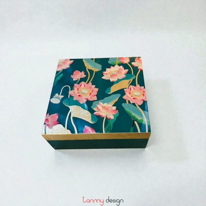 Hộp sơn mài Sen Đồng Tháp xanh cổ vịt 15x15x6 cm